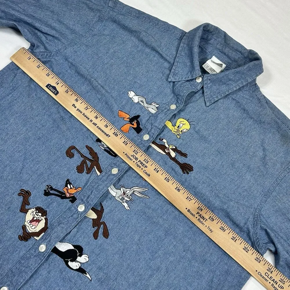Warner Bros. Studio Store Looney Tunes Cotton Chambray Blue Shirt Embroidered - Picture 11 of 16